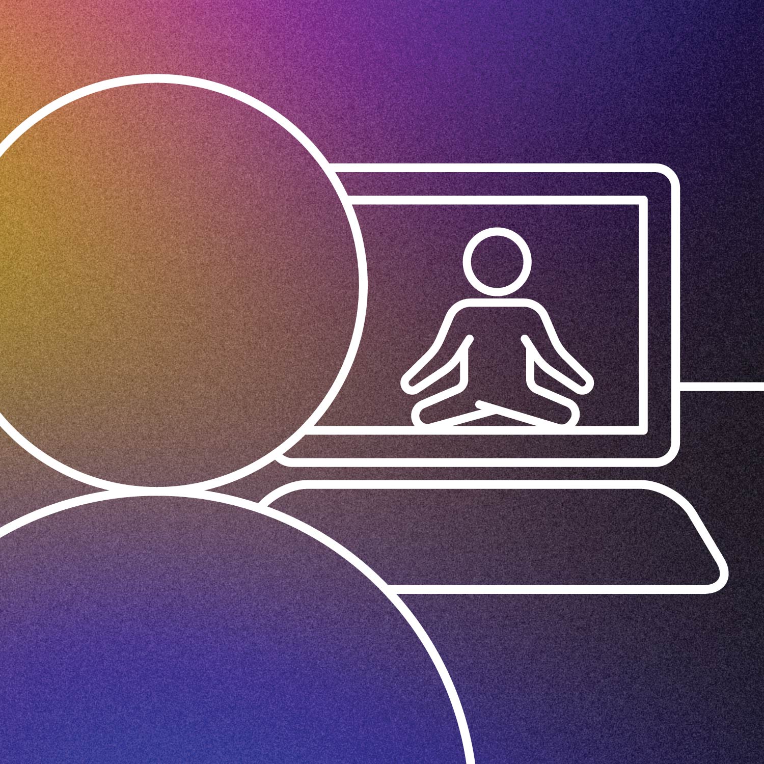 Colorful illustration of a person looking at a computer showing a yoga pose