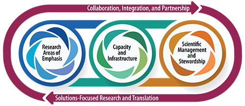 An infographic depicting a framework where Crosscutting Themes such as Collaboration, Integration, and Partnership and Solutions-Focused Research and Translation, span Research Areas of Emphasis, Capacity and Infrastructure, and Scientific Management and Stewardship