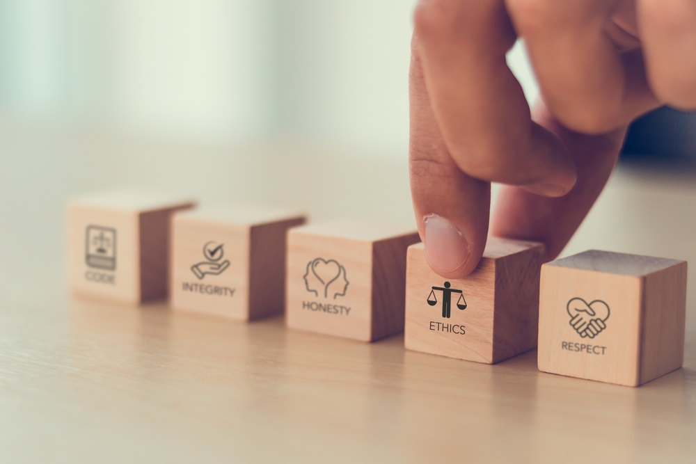 blocks with ethics, integrity, code, respect and honestly printed on them