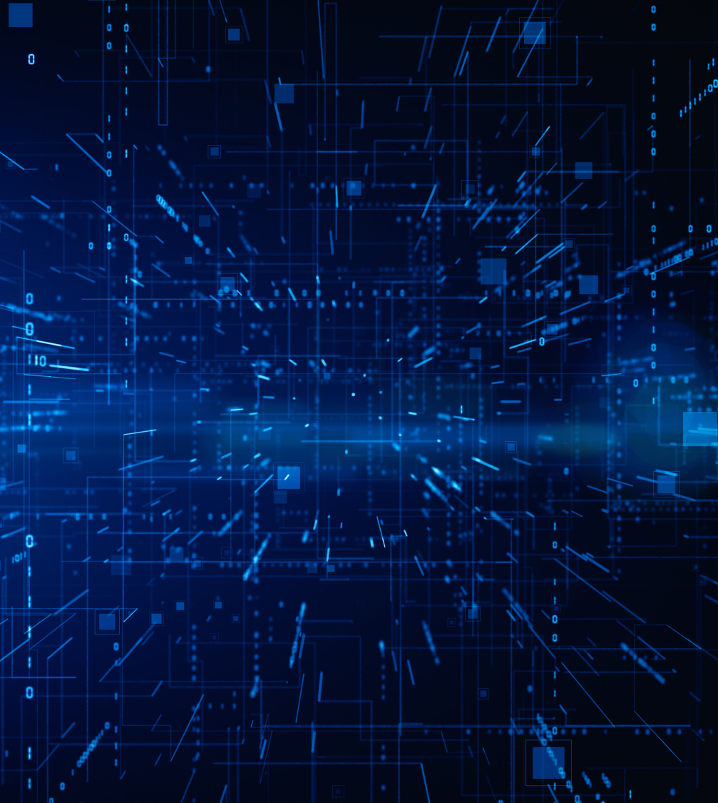 A futuristic digital background featuring blue glowing lines, dots, and binary code, representing data or technology in a network.