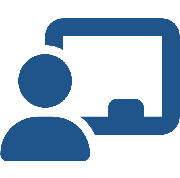 person in front of chalkboard blue icon