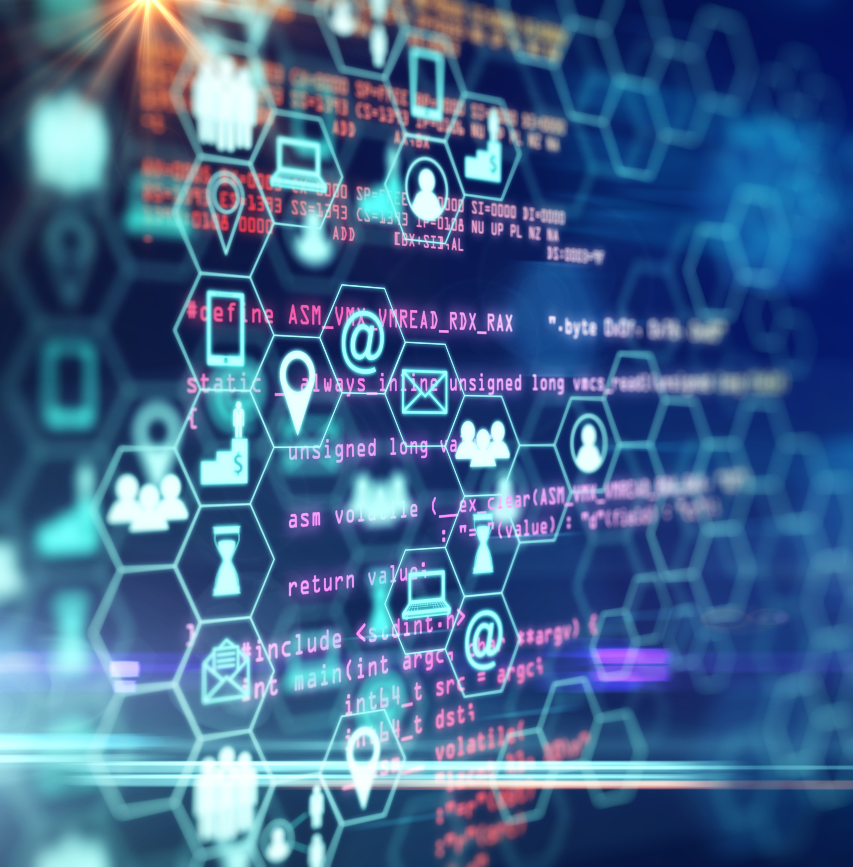 Abstract digital interface with hexagonal icons and data points representing various technological and networking concepts.