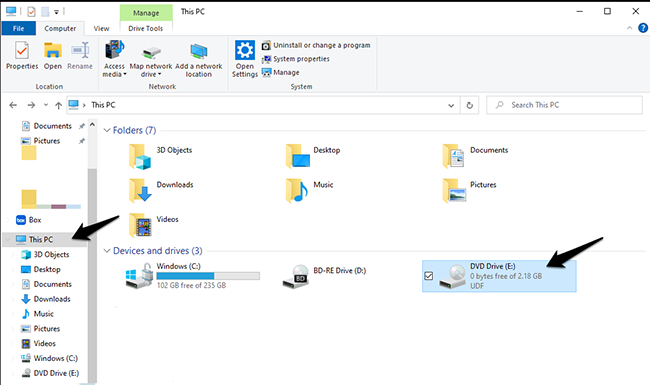 screenshot of disc drive location