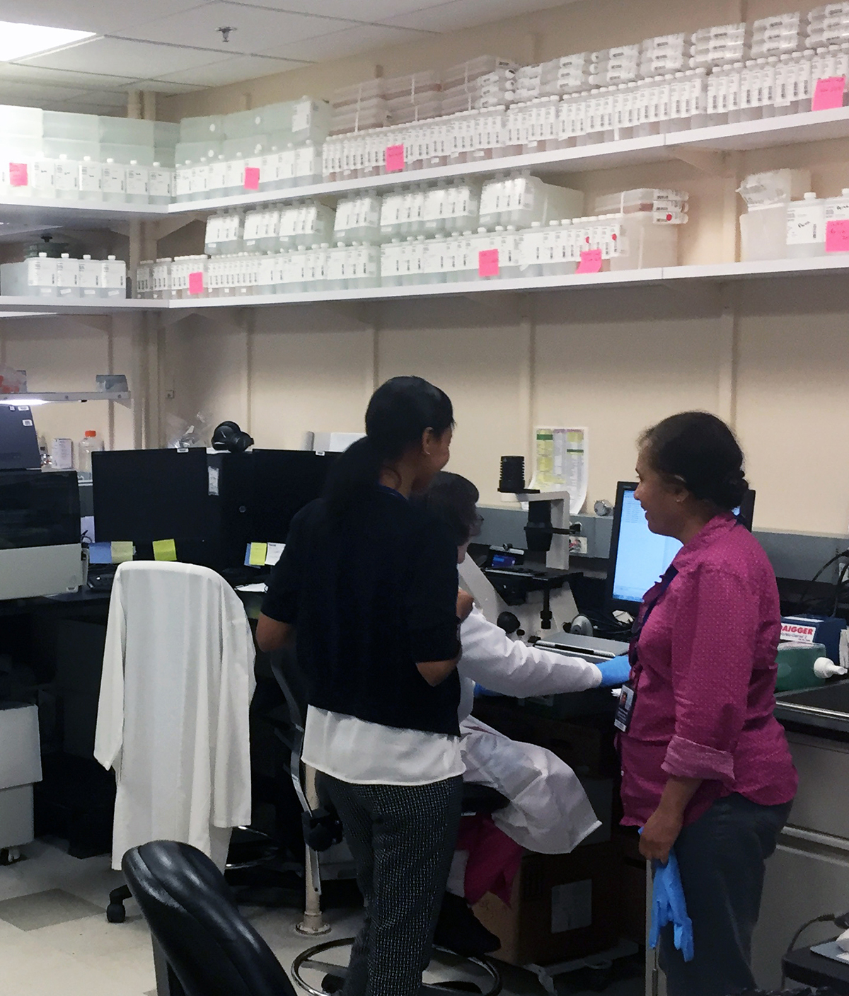 Two laboratory staff members stand beside a colleague seated at a computer in a busy lab filled with equipment and shelves of supplies.