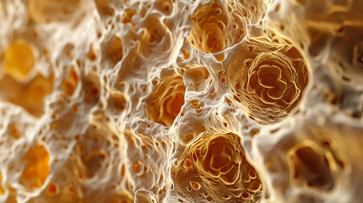 Illustration of healthy bone marrow showing spongy texture and cells within.