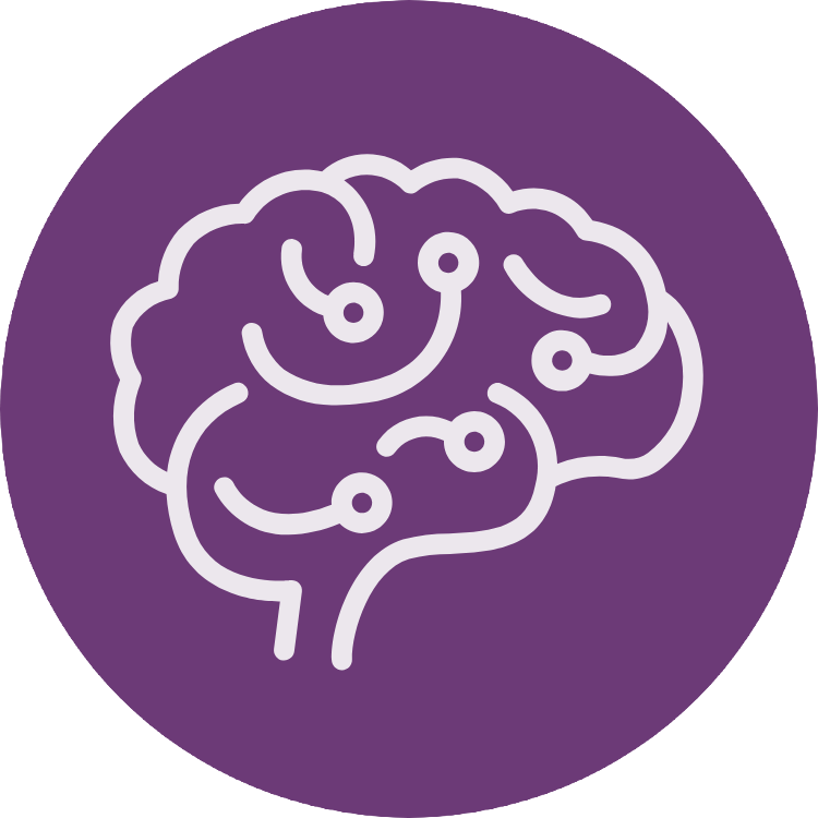 Purple circular icon featuring a stylized white brain with interconnected nodes and lines, symbolizing neural connections or cognitive processes.
