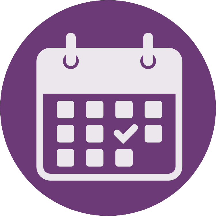 Icon of a purple circular calendar with white grid squares and a checkmark on one date.