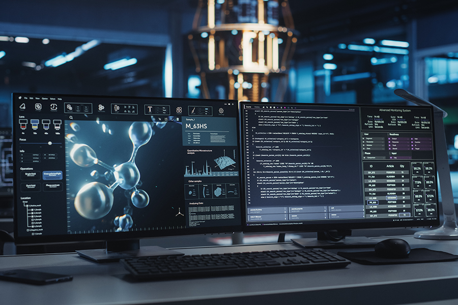 Desktop computers displaying molecular modelling software.