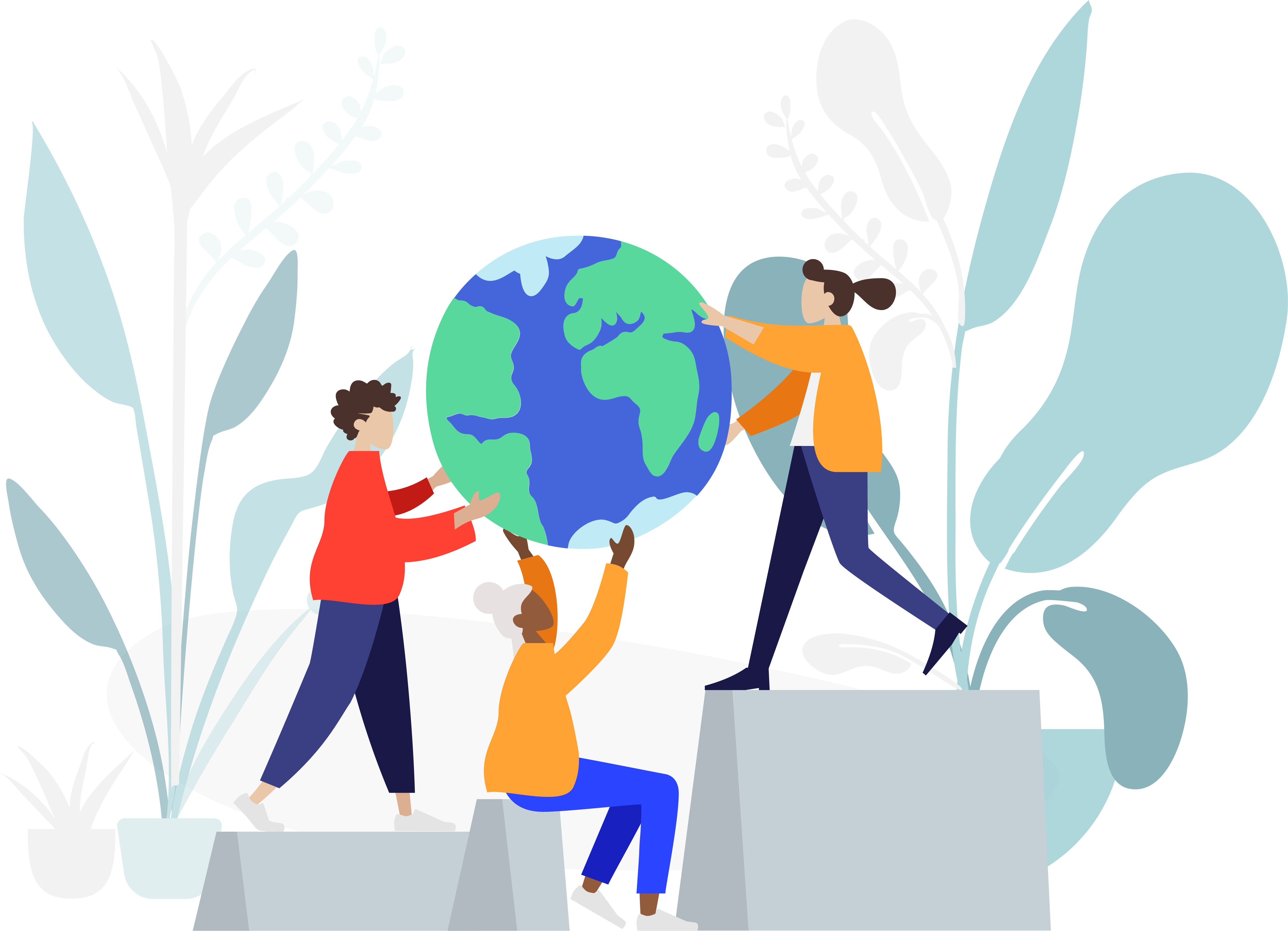 3 people work together to hold the earth up in this stylized graphic representing cooperation