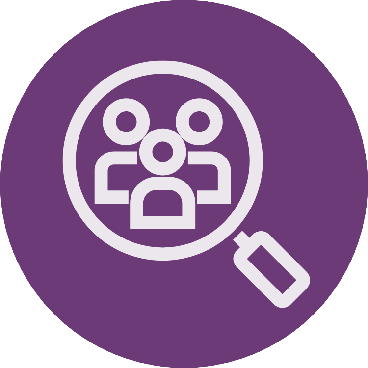 Icon depicting a group of three people inside a magnifying glass, representing user search or audience targeting.