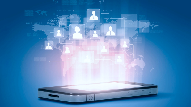 Image of a cell phone emitting headshots to represent staff contacts.