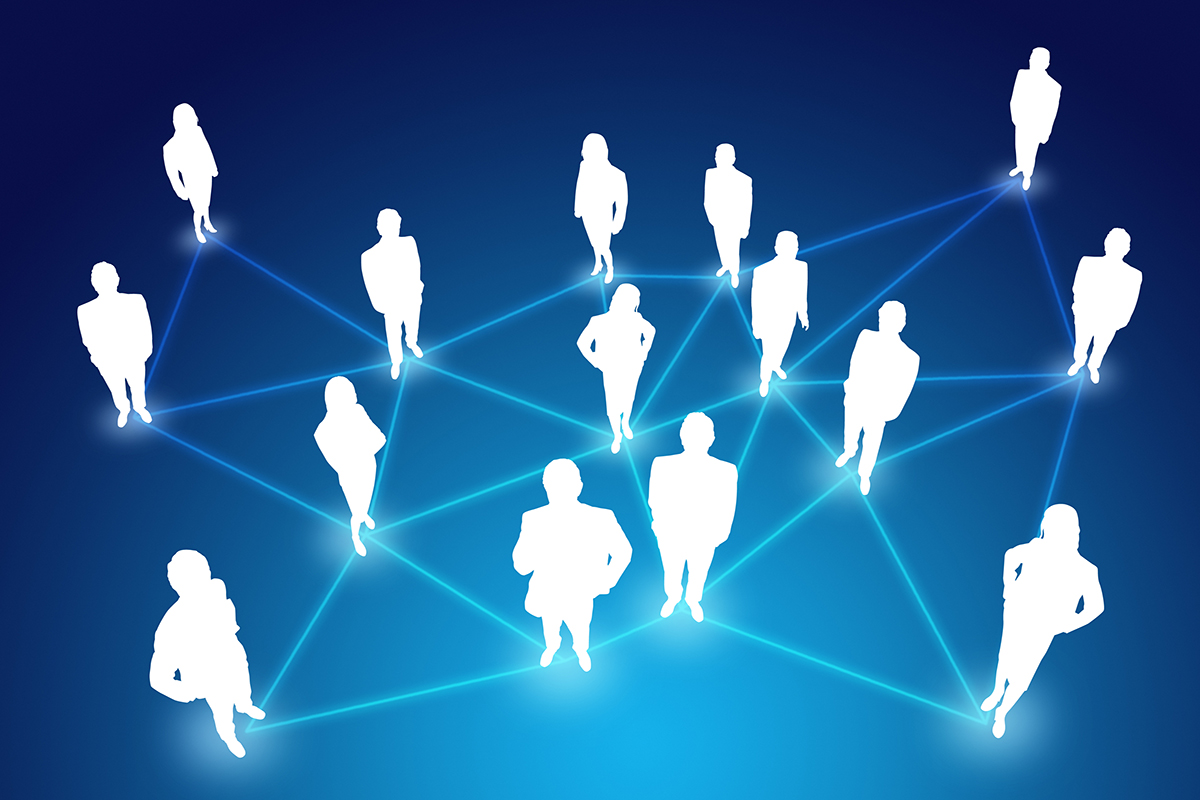 Illustration of silhouetted people standing on a grid