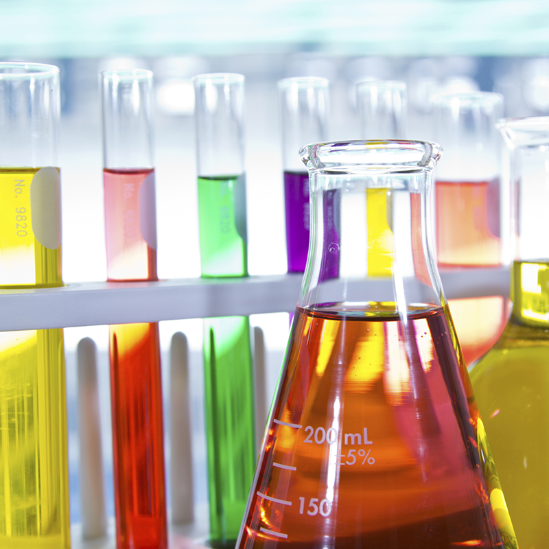 Laboratory glassware with colorful liquid