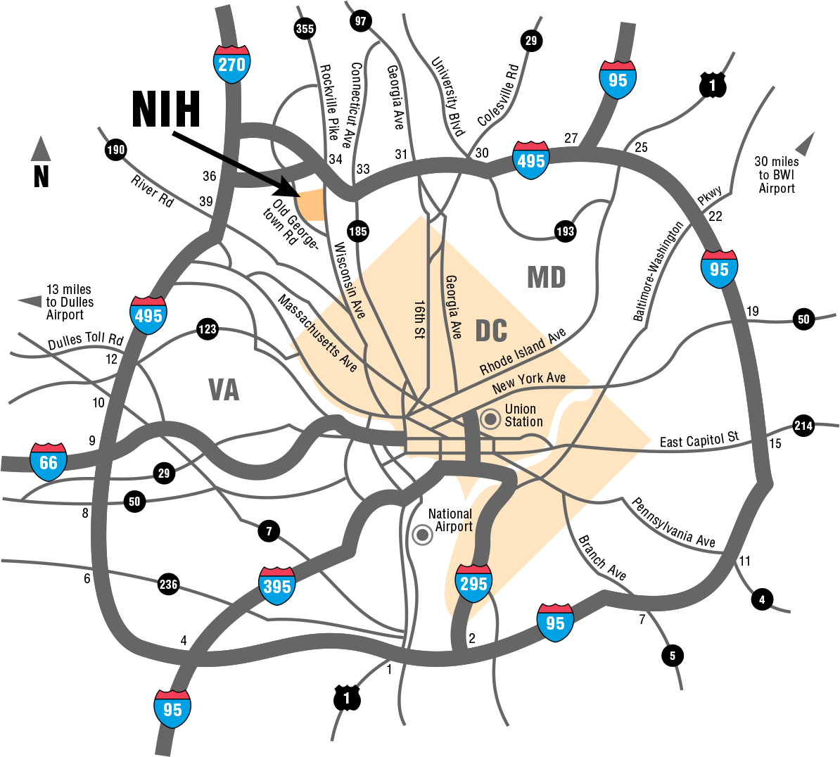 A map of the Washington, D.C., beltway showing the location of NIH