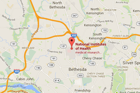 Google map showing the location of the NIH headquarters in Bethesda, Maryland