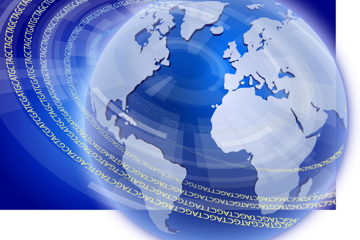 Illustration of the globe encircled by DNA sequences to convey worldwide sharing of genomic data