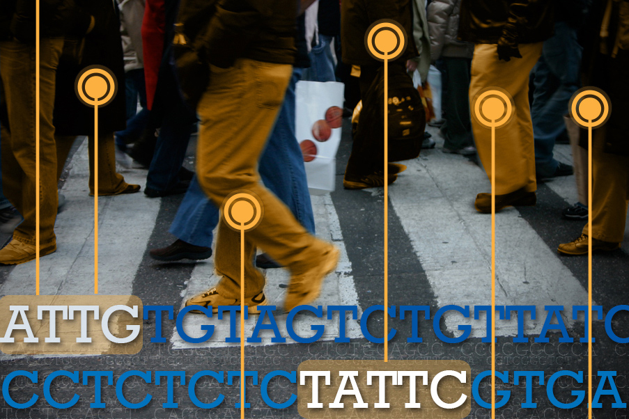 Crowd of people walking across crosswalk