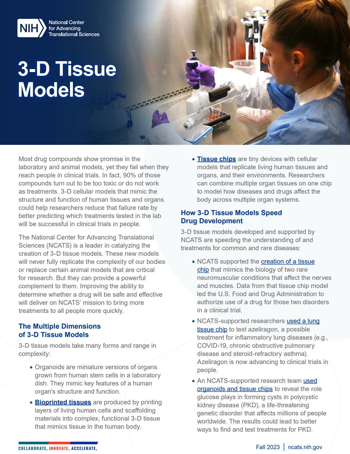 The first page of a fact sheet about 3-D tissue models with a banner image at the top followed by text.