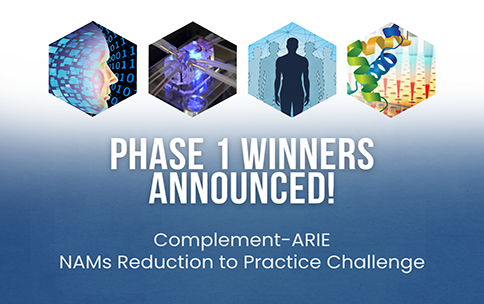 Text reads Phase 1 winners announced! Complement-ARIE NAMs Reduction to Practice Challenge. Shows 4 graphics that represent NAMs