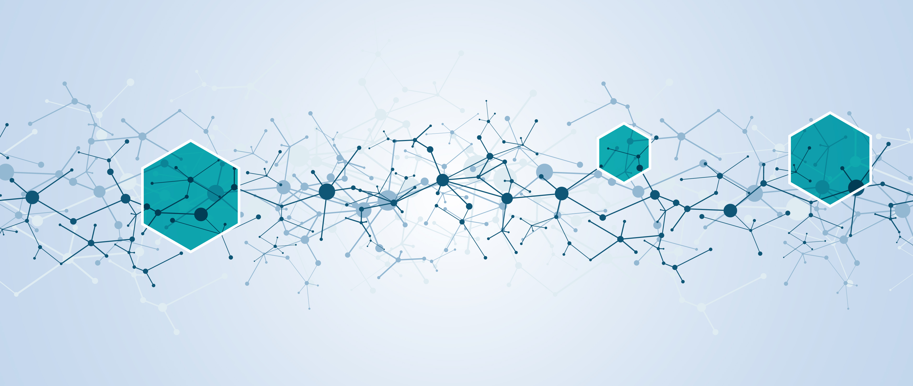 graphical image of dots and lines on a blue background, images of scientists at work in hexagon shapes