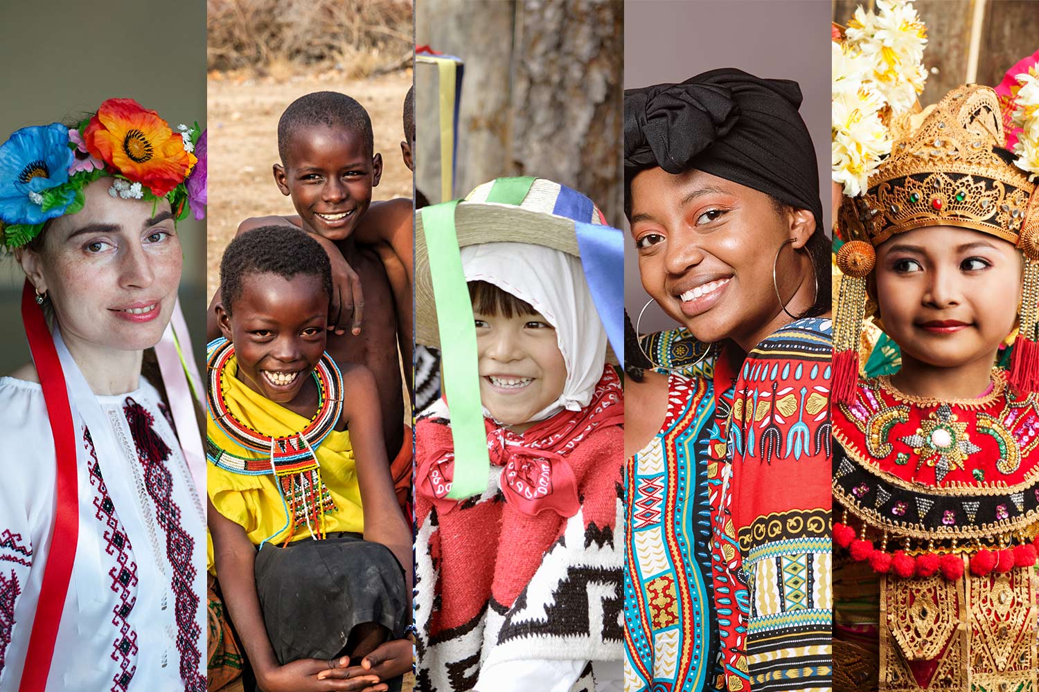 Five images of people from Urkrane, Africa, Mexico, Indonesia,  and Kenya