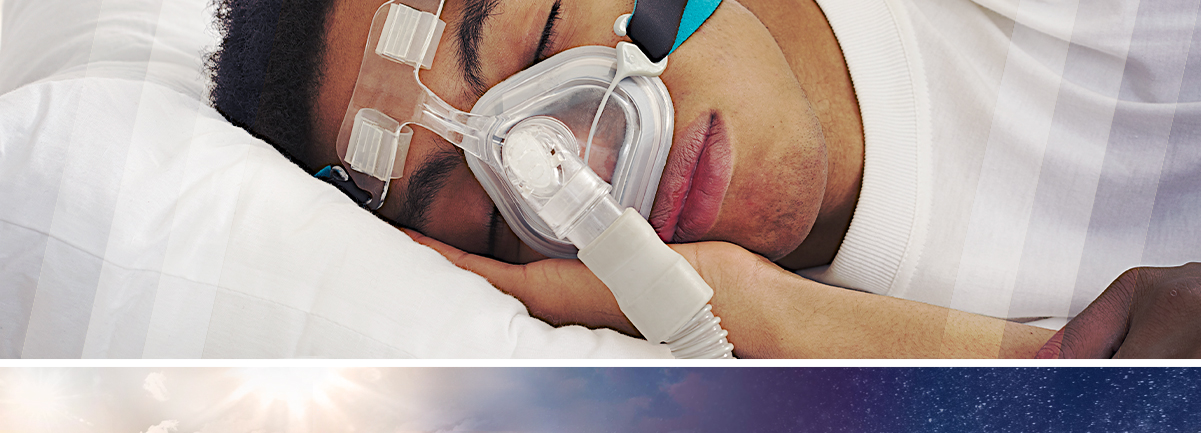 Decorative. Young man sleeping on his side with CPAP machine.
