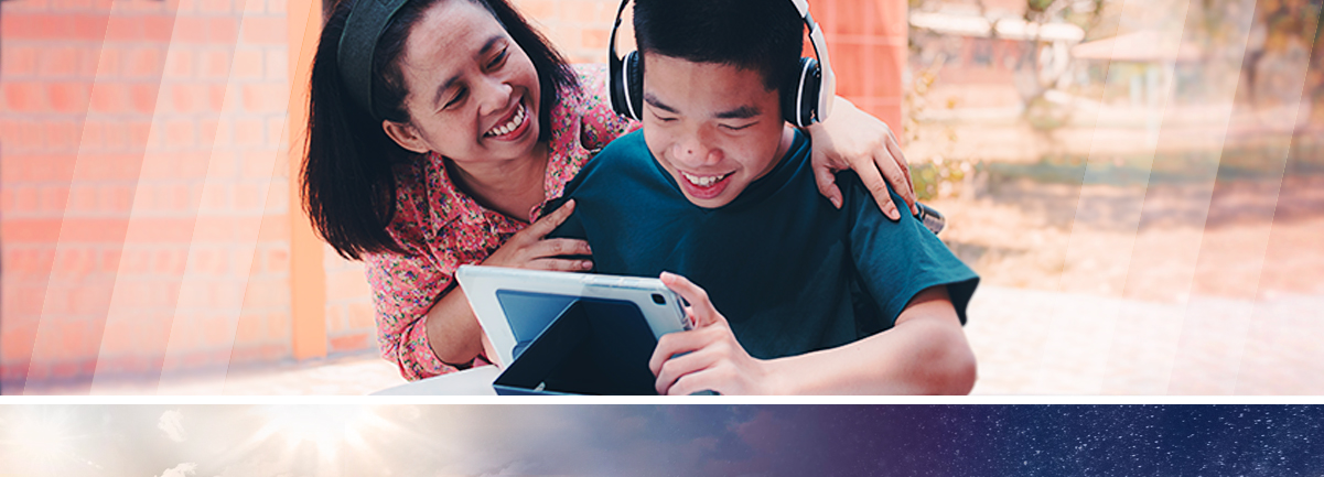 Decorative. Woman hugging son looking at tablet.