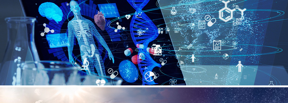 Decorative. Collage of 3d representations of the human body, DNA strands and molecules.