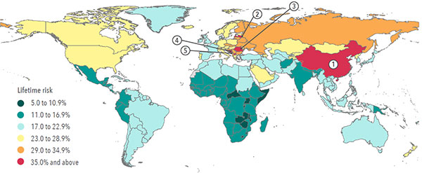 World map with color showing percentage of lifetime stroke occurrence by country. Full data and description at #mapdescription.