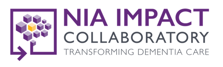Purple box with arrow with 9 small purple cubes and one yellow cube with the words "NIA IMPACT Collaboratory Transforming Dementia Care"