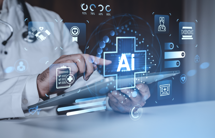 Doctor interacting with AI healthcare interface and futuristic hologram icons over digital background.