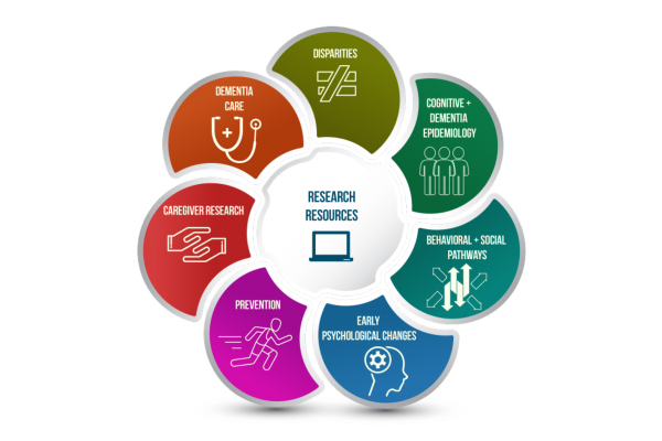 graphic showing eight categories of behavioral and social research on Alzheimer's disease and related dementias