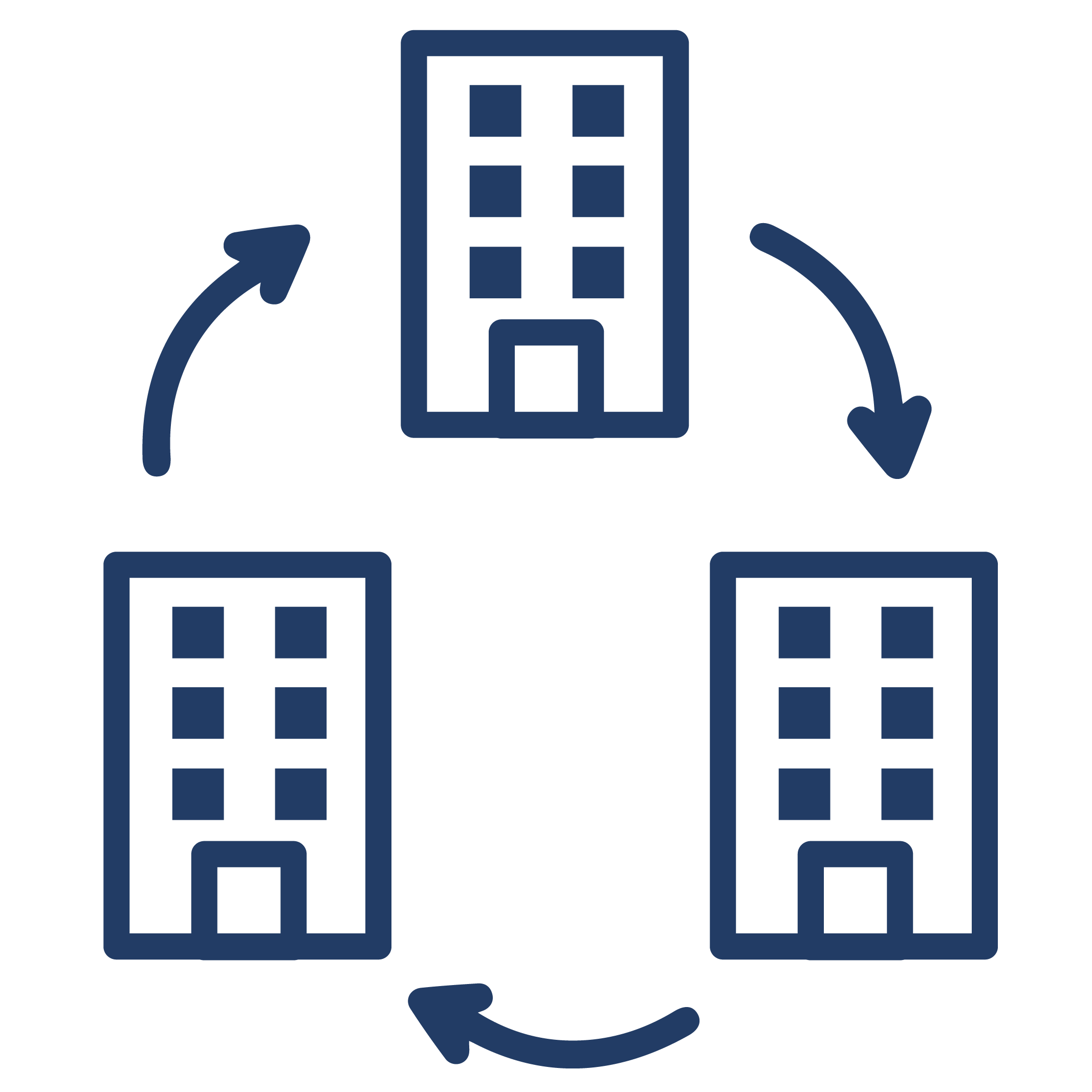 three buildings withs arrows in between