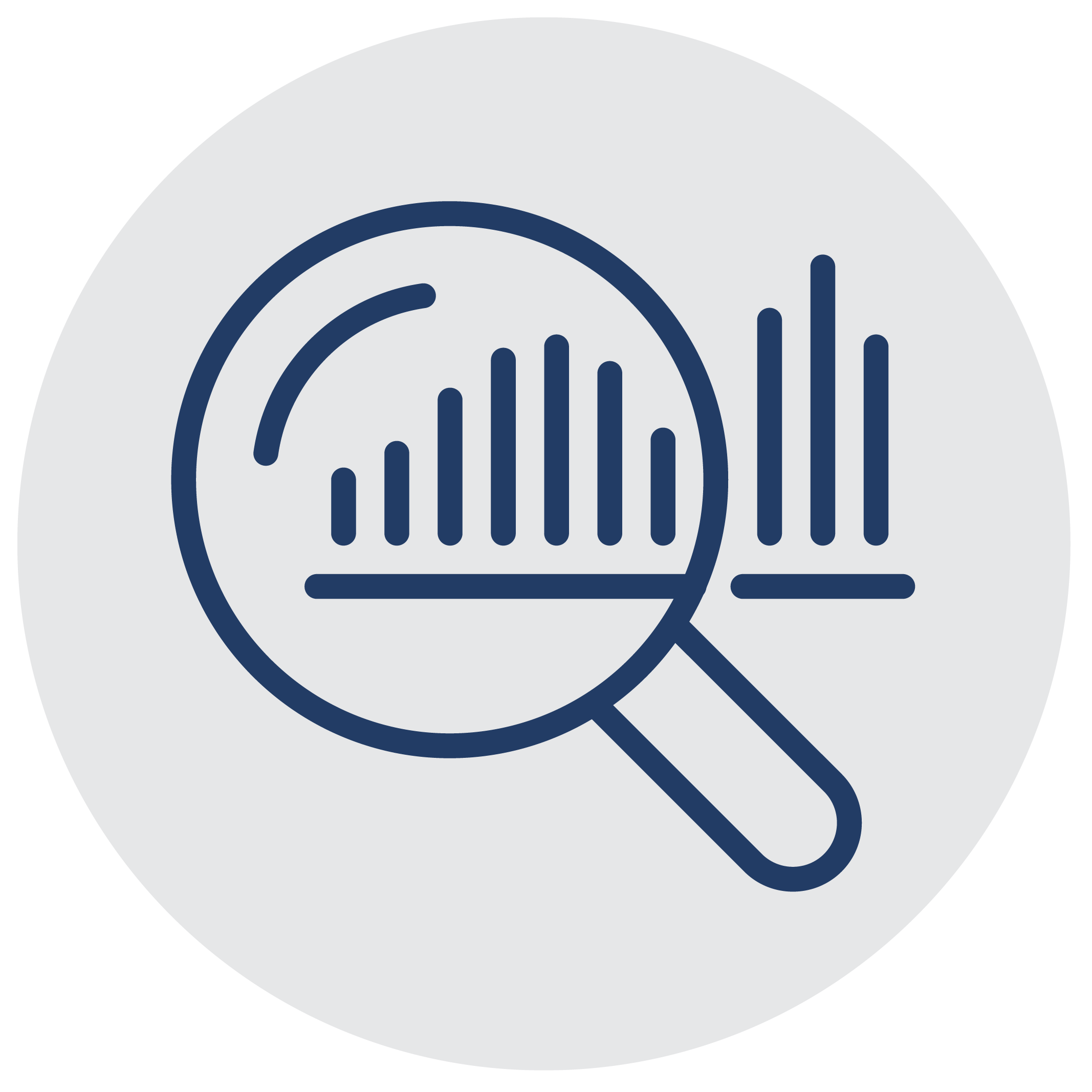 Magnifying glass icon in front of a bar graph