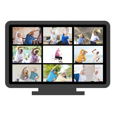 Computer screen showing nine different boxes with people exercising in each