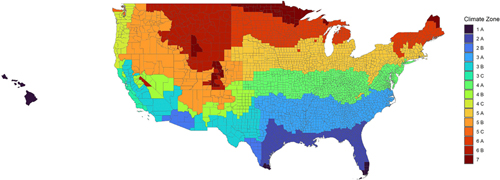This colored map segments the U.S. into 15 unique zones based on temperature and moisture levels