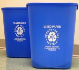 Desk side blue recycle bins