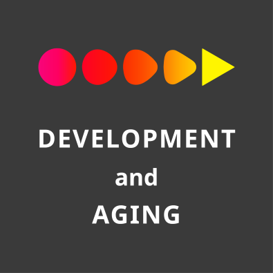 Circle morphs into an arrow slowly to show progress about text that reads "Development and Aging"