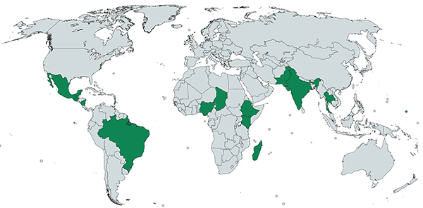 graphic of the world map highlighting more than 15 countries across Africa, Asia, and Latin America and the Caribbean.