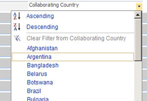 screen capture of list of collaborating countires user can choose from to determine filter