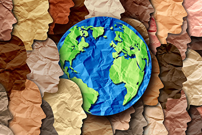 collage of diverse peoples surrounding a globe