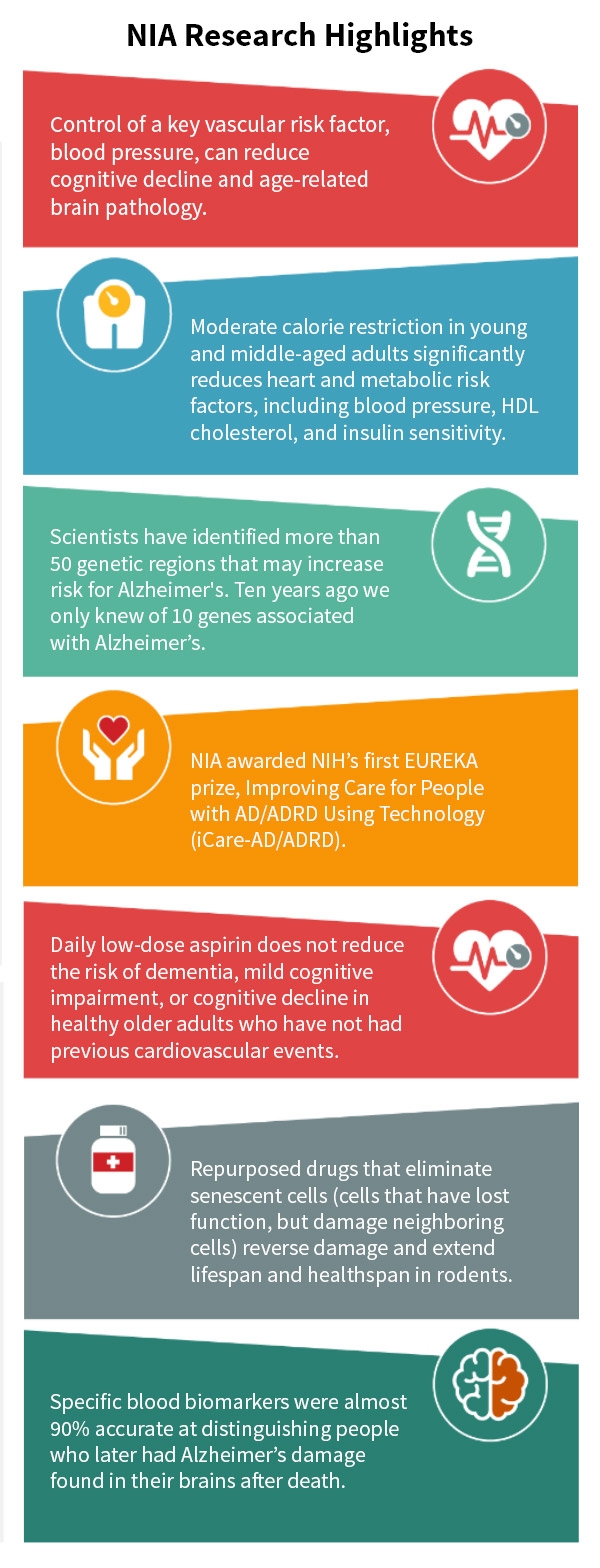 Graphic of NIA Research Highlights: Control of a key vascular risk factors can reduce cognitive decline; Moderate calorie restriction lowers heart risk factors; Found more than 50 genetic regions that may increase risk for Alzheimer’s; Improving Care for People with AD/ADRD; Daily low-dose aspirin does not reduce the risk of dementia in older adults who have not had previous CVD events; Repurposed drugs remove senescent cells & extend lifespan in rodents; Biomarkers almost 90% accurate in people with AD.
