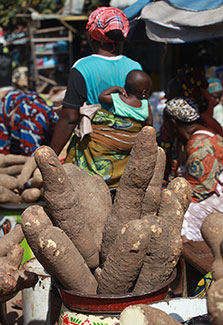 A woman carrying her baby walks in front of yam tubers in Nigerian market