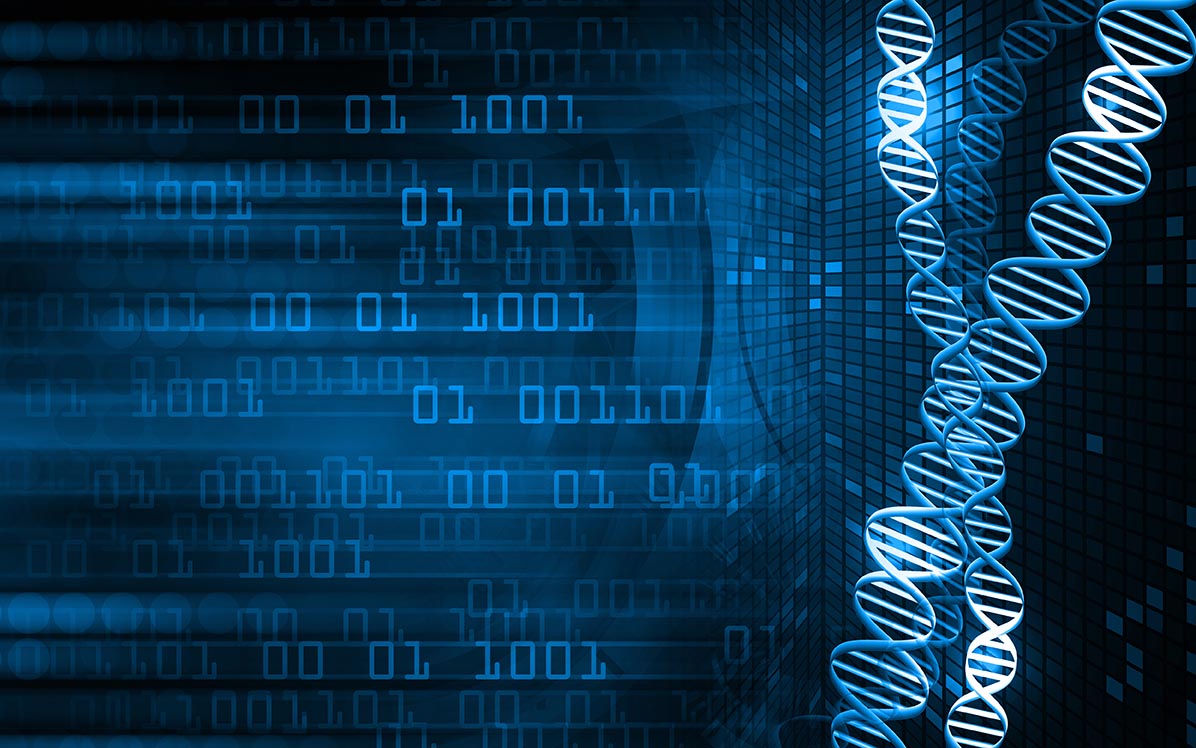 3D illustration of DNA strand with binary code in the background