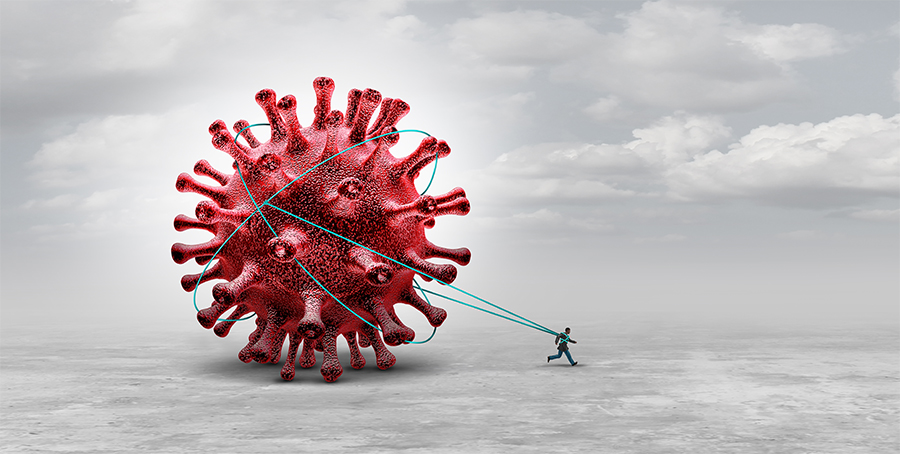 SARS-CoV-2 virus and person.