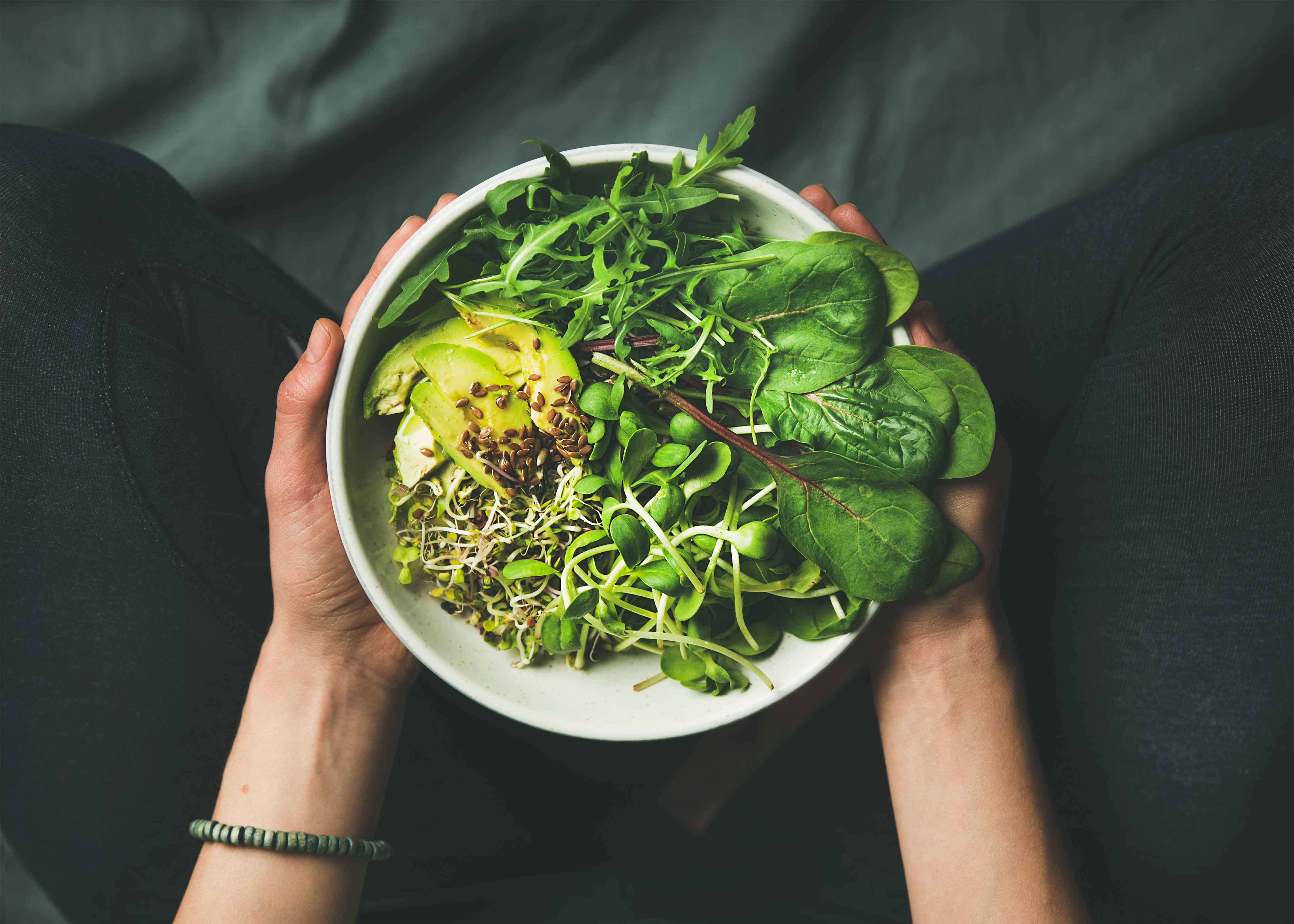 Two hands holding a bowl full of salad