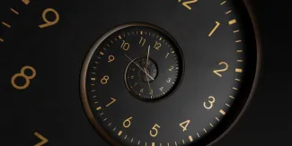 Clockface with numbers twisted in a spiral pattern.
