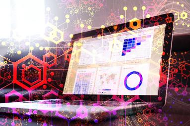 Image of a double exposure of computer and technology theme drawing.