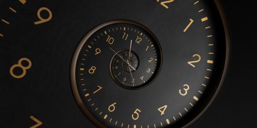 Clockface with numbers twisted in a spiral pattern.