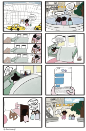A comic strip shows a young woman who arrives in New York City and is overwhelmed by academic pressures and loneliness. Her friends check in on her and provide social support to help her overcome these challenges and access mental health support.